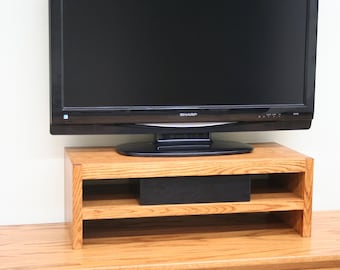 TV Riser Stand in Modern Style Oak Wood Double Tier in Medium Finish