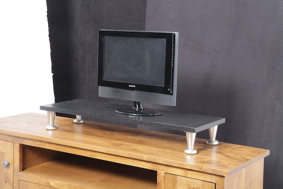 TV Riser Stand in Solid Oak With Pillar Footing in Black Finish