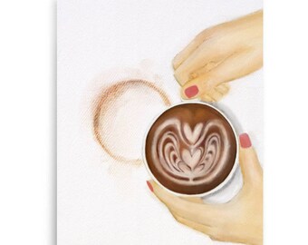 Coffee art print, latte art print, coffee illustration, cafe art, watercolor coffee art