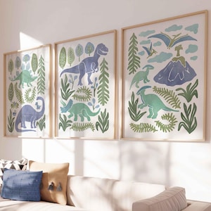 Watercolor Dinosaur Prints – Green Blue Dino Wall Art for Boys Nursery Prints Set of 3 Kids Bedroom Art T-Rex Stegosaurus Dinosaur Lover Art