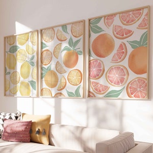 Citrus Fruit Printable Wall Art, Set of 3 Kitchen Printable Fruit Art Botanical Fruit Prints Downloadable Art Lemon Print Set Kitchen Poster