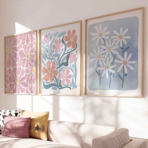 Flower Wall Art, Pink and Blue Flower Art Print Gift for Her Floral Poster Watercolor Bedroom Decor Spring Girls Room Print Housewarming Art