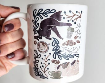 Funny Cat Coffee Mug – Whimsical Cat Mug Watercolor Cat Coffee Mug Cat Lover Mug Funny Cats and Coffee Cup Gift for Cat Lover Mug