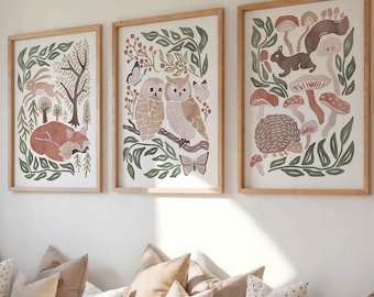 Woodland Digital Prints Set of 3, Woodland Animal Nursery Wall Art Printable Forest Animal Wall Art Cottagecore Nursery Downloadable Art