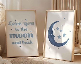 Love You to the Moon Nursery Print, Blue Moon and Stars Wall Art Baby Boy Room Wall Decor Watercolor Moon Poster Light Blue Nursery Art