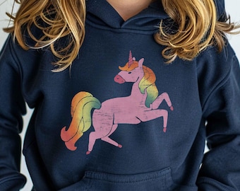 Kids Unicorn Hoodie, Youth Unicorn Sweatshirt with Pink Rainbow Watercolor Unicorn Custom Text Option Magical Girls Hoodie Personalized Gift