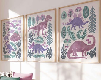 Pink Dinosaur Prints, Purple Pink Dino Wall Art Set of 3 Girl Nursery Prints Dinosaur Poster Kid Room Art Toddler Girl Dinosaur Wall Decor