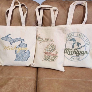 Michigan Tote Bags, Great Lakes Reusable Shopping Bag Michigan Gifts Canvas Bag Up North Bag Eco Friendly Michigan Souvenir Bag