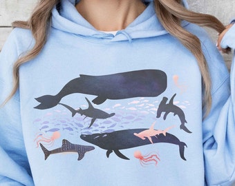 Sea Animal Hoodie, Whale Shark Hoodie Ocean Animal Sweatshirt Gift Sea Animal Lover Shirt Save the Ocean Sweatshirt Marine Life Hoodie