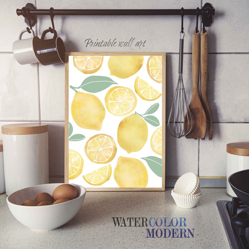 Lemon Wall Art Watercolor Lemon Painting Kitchen Digital Etsy