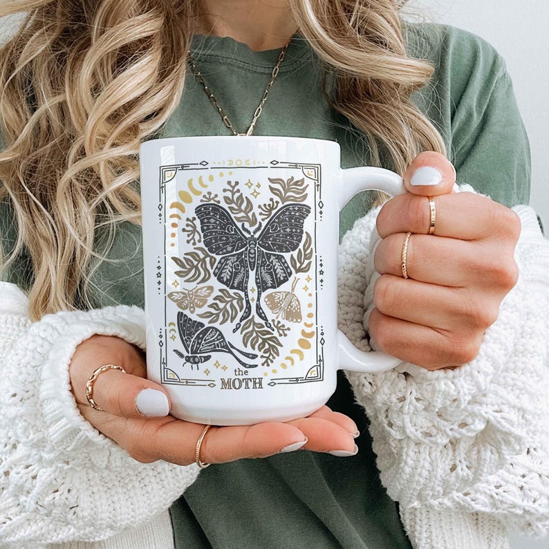 Celestial Dragon Mug, Boho Dragon Cup with Stars and Moons Dragon Lover Gift Tarot Mug Witchy Gift for Friend Dragon Lover Gift Mystical Mug Moth 15 oz