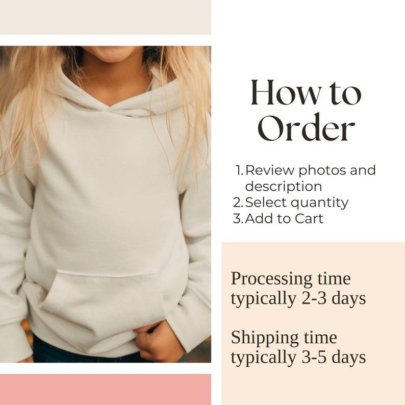 K&ouml;nnte beinhalten: Nahaufnahme eines wei&szlig;en Hoodies mit Kapuze. Der Hoodie wird von einer Person getragen. Der Text "How to Order" ist auf dem Bild zu sehen. Der Text unter der &Uuml;berschrift enth&auml;lt Anweisungen zur Bestellung, Bearbeitungszeit und Versandzeit.