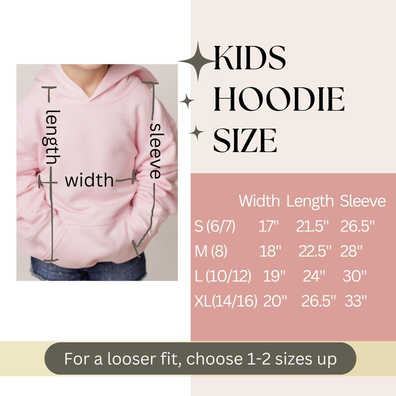 K&ouml;nnte beinhalten: Eine Gr&ouml;&szlig;entabelle f&uuml;r Kinder-Hoodies, die die Breite, L&auml;nge und &Auml;rmell&auml;nge in Zoll f&uuml;r die Gr&ouml;&szlig;en S (6/7), M (8), L (10/12) und XL (14/16) zeigt. Die Tabelle befindet sich auf einem rosa Hintergrund mit den Worten "KIDS HOODIE SIZE" in schwarzer Schrift.