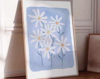 Daisy afdrukbare kunst, baby blauwe bloemen afdrukbare kinderkamer kunst aan de muur madeliefjes downloadbare kunst Daisy digitale print bloem botanische meisjes kunst