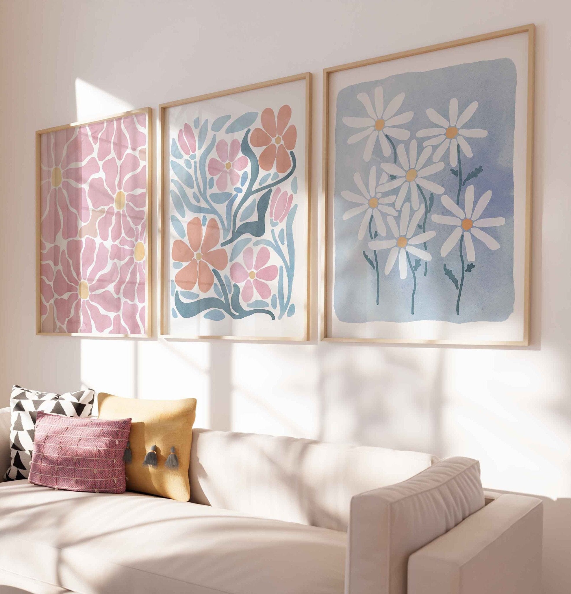 Flower Wall Art, Pink and Blue Flower Art Print Gift for Her Floral Poster Watercolor Bedroom Decor Spring Girls Room Print Housewarming Art