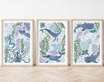 Ocean Animal Digital Prints Set of 3, Coastal Ocean Nursery Digital Art Under the Sea Nursery Downloadable Art Kids Room Ocean Printable