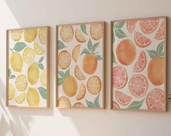 Citrus Fruit Printable Wall Art, Set of 3 Kitchen Printable Fruit Art Botanical Fruit Prints Downloadable Art Lemon Print Set Kitchen Poster