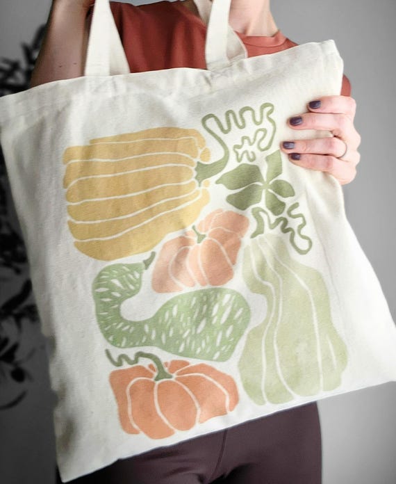 Fall Pumpkin Tote Bag, Watercolor Pumpkin and Gourd Design in Orange Yellow Green, Whimsical Autumn Farmers Market Bag, Rustic Harvest Tote