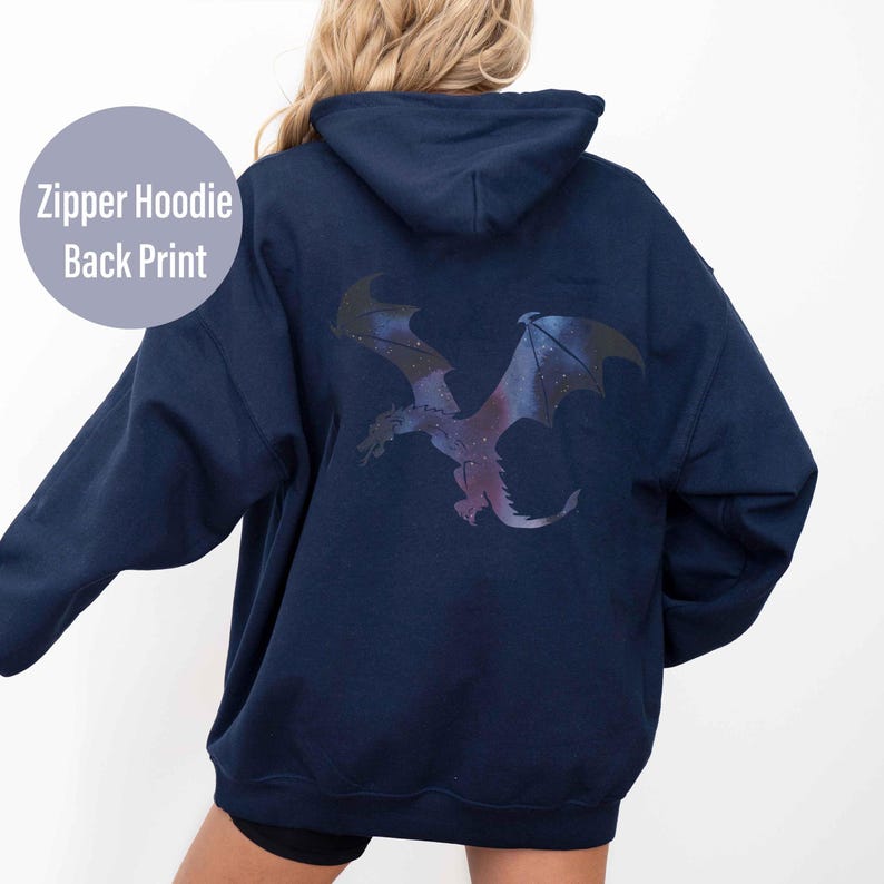 Celestial Dragon Hoodie, Cosmic Dragon Sweatshirt Fantasy Hoodie Dragon DND Gift Dragon Clothing Dragon Lover Gift Dragon Merch Navy Zip, Back Print