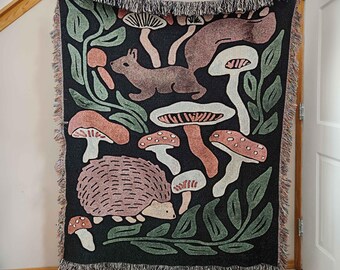 Forest Animal Woodland Woven Blanket, Squirrel Hedgehog Mushroom Throw Blanket Dark Cottagecore Throw Woodland Tapestry Animal Forest Throw