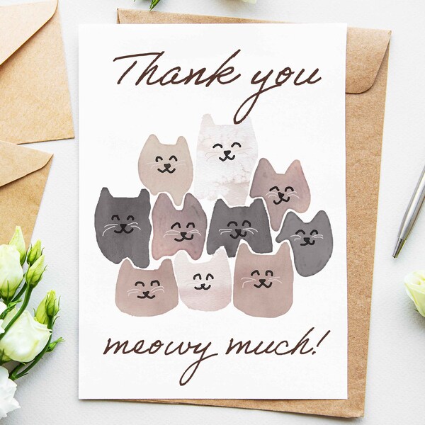 Cat Thank You Card Printable, Veterinary Printable Thank You Card with Kitties Watercolor Cats Digital Card Instant Download