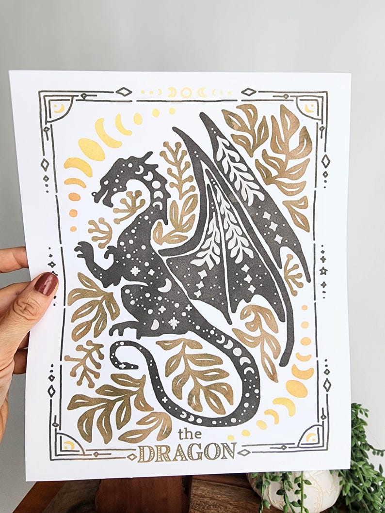 Celestial Wall Art, Mystical Animal Art Print Tarot Cat Poster Celestial Dragon Dorm Wall Art Watercolor Teen Desk Decor Moon Phase Print Bild 2