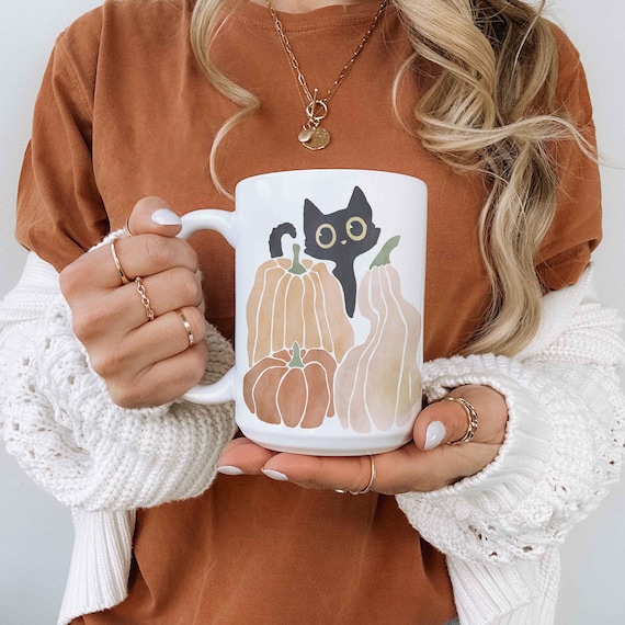 Halloween Cat Mug, Black Cat Halloween Gifts Fall Cat Mug Halloween Cat Cup Black Cat and Pumpkin Mug Cat Halloween Coffee Mug