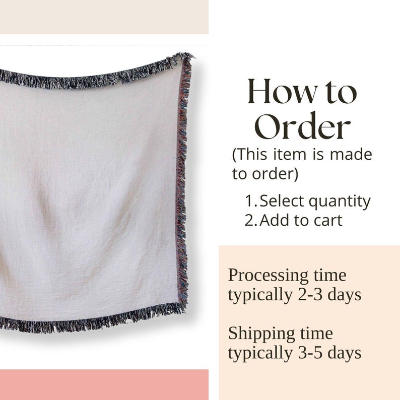 K&ouml;nnte beinhalten: Eine wei&szlig;e Decke mit einem schwarzen und roten Fransenrand. Der Text "How to Order" ist auf dem Bild sichtbar. Der Text "(This item is made to order)" ist ebenfalls sichtbar. Der Text "1. Select quantity" ist sichtbar. Der Text "2. Add to cart" ist sichtbar. Der Text "Processing time typically 2-3 days" ist sichtbar. Der Text "Shipping time typically 3-5 days" ist sichtbar.