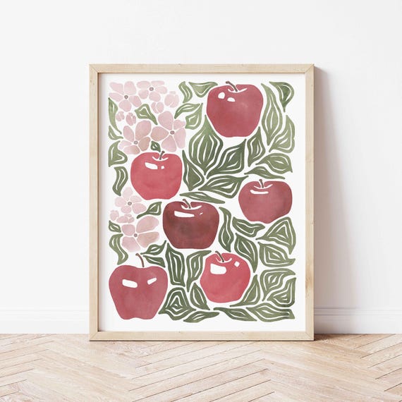 Apple Print, Watercolor Apple Art Fruit Print for Kitchen Apple Poster Farmhouse Apple Kitchen Decor Teacher Art Botanical Kitchen Prints