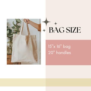 Puede incluir: Un bolso tote beige con asas largas se sostiene sobre un fondo neutro. Se muestra el texto "BAG SIZE", junto con las dimensiones del bolso: 38 cm x 41 cm y 51 cm de asas.