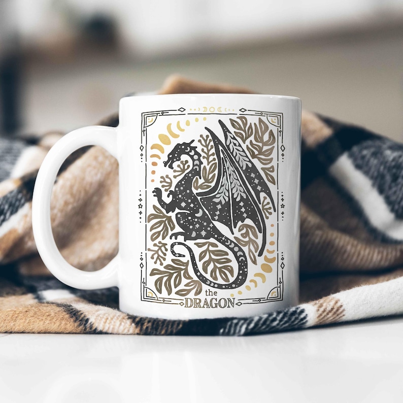 Celestial Dragon Mug, Boho Dragon Cup with Stars and Moons Dragon Lover Gift Tarot Mug Witchy Gift for Friend Dragon Lover Gift Mystical Mug Dragon 11 oz