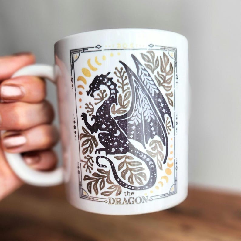 Celestial Dragon Mug, Boho Dragon Cup with Stars and Moons Dragon Lover Gift Tarot Mug Witchy Gift for Friend Dragon Lover Gift Mystical Mug afbeelding 1