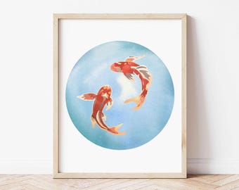 日本の鯉の池の墨水彩画1デジタルダウンロード印刷 - Etsy 日本