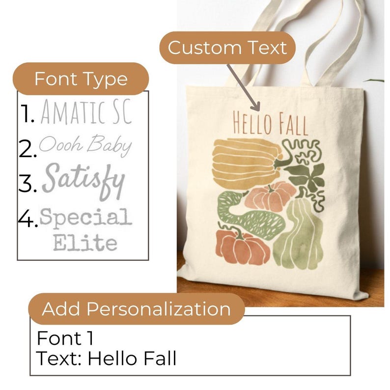 Puede incluir: Un bolso tote beige con un dise&ntilde;o tem&aacute;tico de oto&ntilde;o. La bolsa presenta el texto "HELLO FALL" sobre una colecci&oacute;n de calabazas y calabacines estilizados en tonos naranja, verde y marr&oacute;n. La bolsa tambi&eacute;n muestra opciones de fuente.