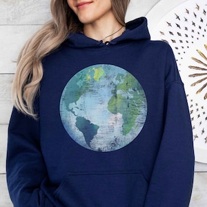 Vintage Earth Hoodie, Earth Day Sweatshirt Women Science Lover Gift Save the Planet Gift Science Teacher World Globe Hoodie