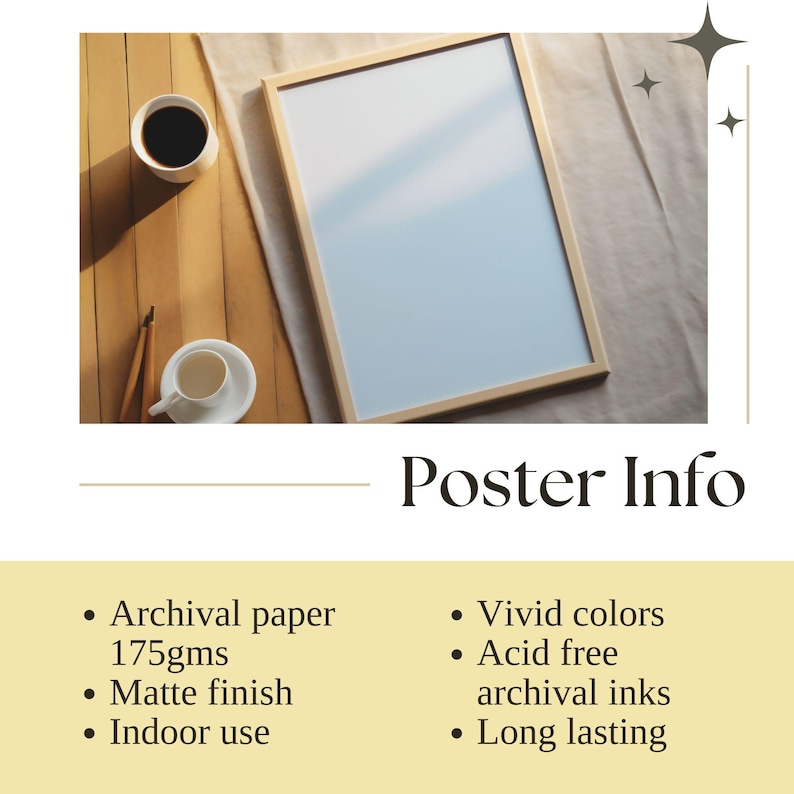 K&ouml;nnte beinhalten: Ein gerahmtes Poster-Mockup auf einer Holzoberfl&auml;che mit einer Tasse Kaffee und einem Bleistift. Der Poster-Info-Text enth&auml;lt: Archivpapier 175 g, Matte Oberfl&auml;che, Innenbereich, Lebhafte Farben, S&auml;urefrei, Archivtinten, Langlebig.