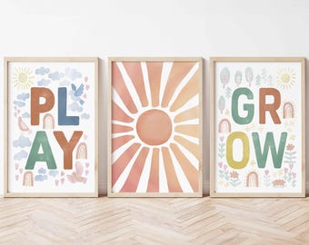 Playroom Wall Art Prints, Orange Blue Green Watercolor Nursery Prints Kids Play Grow Art Learning Toddler Room Wall Decor Montessori Poster
