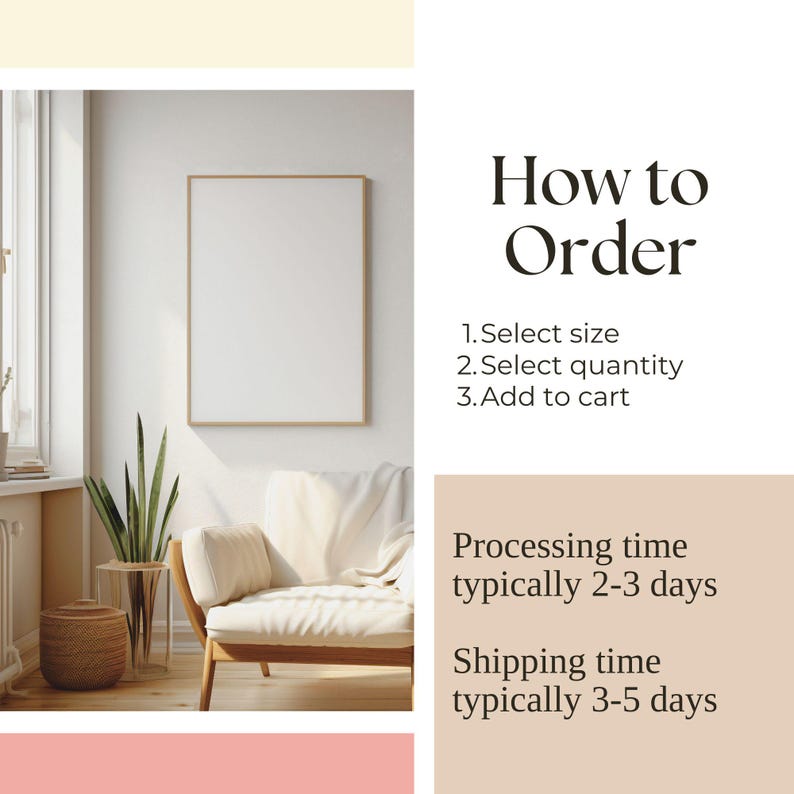 Może przedstawiać: Biały fotel z jasnobrązową drewnianą ramą stoi w pokoju z rośliną i obrazem w ramie. Tekst "How to Order" znajduje się po prawej stronie obrazu, z instrukcjami dotyczącymi wyboru rozmiaru, ilości i dodania do koszyka. Tekst zawiera r&oacute;wnież czas przetwarzania i wysyłki.