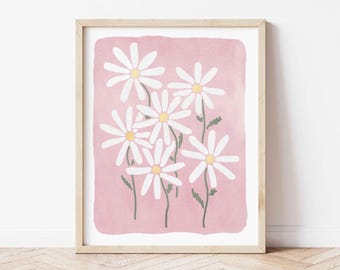 Pink Daisy Wall Art Digital, Floral Printable Nursery Printable Wall Art Daisies Downloadable Art Daisy Digital Print Flower Girls Room Art