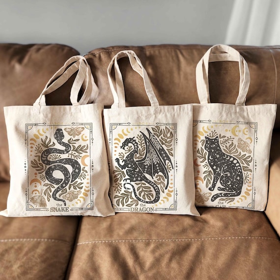 Celestial Totes, Tarot Bag Cat Tote Celestial Gift Bags Dragon Gift Snake Bag Cat Lover Gift for Her Astrology Reusable Bag Tarot Lover Gift