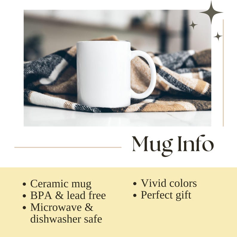 Puede incluir: Taza de cer&aacute;mica blanca sobre una manta de cuadros negros y marrones. La taza es libre de BPA y plomo, apta para microondas y lavavajillas. Mug Info est&aacute; escrito en negro sobre un fondo marr&oacute;n claro.