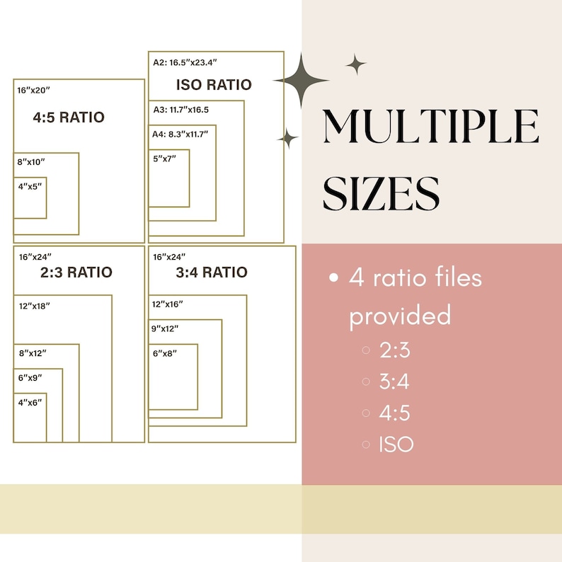 May include: A graphic showing four different aspect ratios for images, including 2:3, 3:4, 4:5, and ISO. The graphic shows the dimensions of each ratio in inches, with the largest size being 16 inches by 24 inches. The text "MULTIPLE SIZES" is displayed in large, bold letters, and the text "4 ratio files provided" is displayed below it. The ratios are listed below the text, including 2:3, 3:4, 4:5, and ISO.