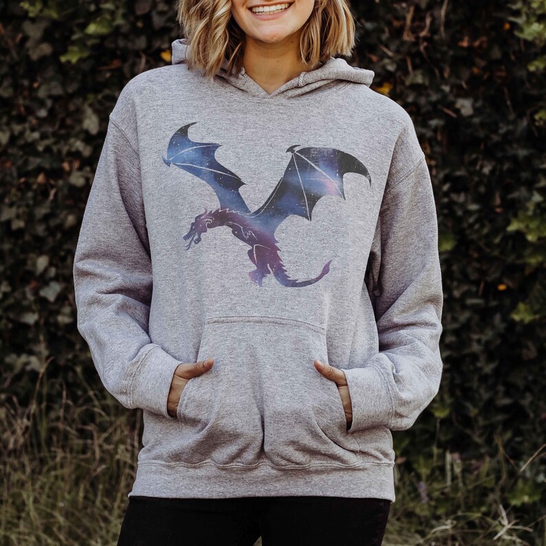 Celestial Dragon Hoodie, Cosmic Dragon Sweatshirt Fantasy Hoodie Dragon DND Gift Dragon Clothing Dragon Lover Gift Dragon Merch Sport Grey