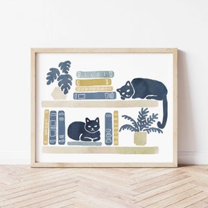 Katzen und Bücher druckbare Kunst, Katzenliebhaber Bibliothek Kunstdruck Erschwingliche Wandkunst Aquarell Katze Kunstdruck Katzenmalerei Lese Poster