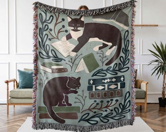 Whimsical Bookish Cat Blanket – Cozy Boho Cat Lover Gift, Woven Cat Throw Blanket, Cats & Books Decor, Cat Tapestry Throw for Readers
