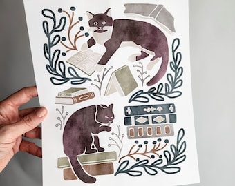 Bookish Cat Print, Books & Cat Lover Wall Art Cat Office Art Whimsical Cat Artwork Funny Cat Reading Poster Cat Lover Book Nook Art