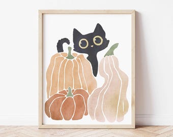 Pumpkin Black Cat Print, Cute Halloween Cat and Pumpkin Poster Fall Watercolor Pumpkin Painting Autumn Home Decor Cat Lover Wall Art