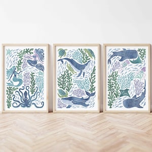 Ocean Animals Wall Art Set, Watercolor Ocean Decor Mermaid Art Print Whale Ocean Nursery Coastal Wall Decor Underwater Art Set Kids Bedroom