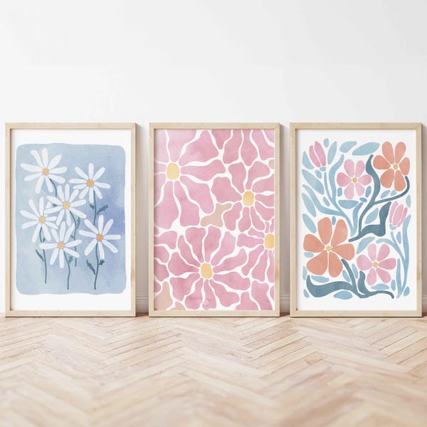 Watercolor Floral Art Prints, Daisy Watercolor Flower Pink Abstract Light Blue Coral Elegant Feminine Wall Art Floral Fine Art Nursery Decor
