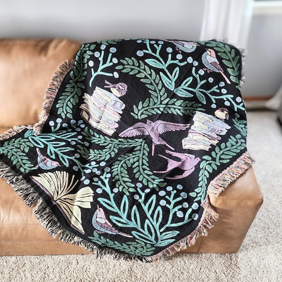 Bird & Book Blanket, Reading Blanket Whimsical Bookish Throw Decor Reader Blanket Library Lover Gift for Book Lover Blanket Reading Nook